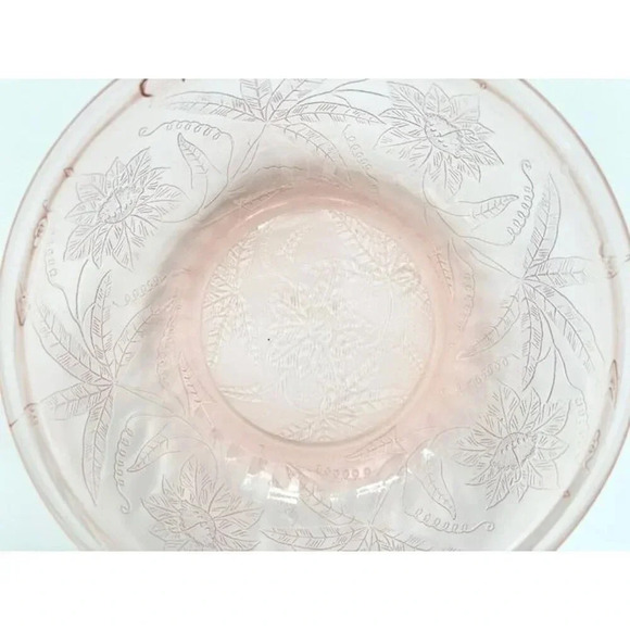 Pink Jeannette Depression Glass 1930's Handled Floral Poinsettia Casserole Bowl - Picture 8 of 10